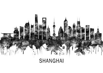 Abstract Skyline Mixed Media - Shanghai China Skyline BW by NextWay Art