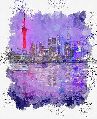 Royalty-Free and Rights-Managed Images - Shanghai Pudong skyline, watercolor, by Ahmet Asar by Celestial Images