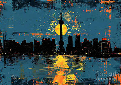 Abstract Skyline Rights Managed Images - Shanghais Oriental Pearl Tower shining brightly in the darkness night Royalty-Free Image by Cortez Schinner