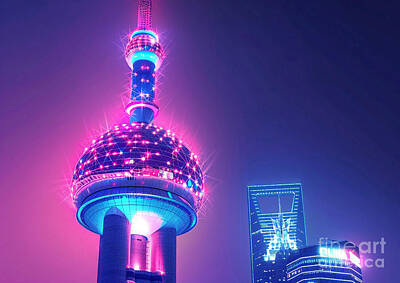 Landmarks Paintings - Shanghais Oriental Pearl Tower with its futuristic design glowing softly in the darkness night light by Cortez Schinner
