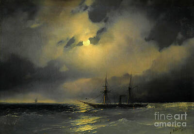 City Scenes Royalty-Free and Rights-Managed Images - Shipping In Moonlight by Ivan Konstantinovich Aivazovsky by Sad Hill - Bizarre Los Angeles Archive