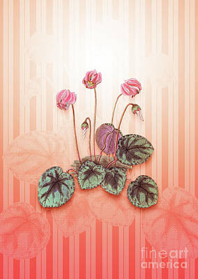Floral Paintings - Shore Cyclamen Flower Vintage Botanical in Peach Fuzz Awning Stripes Pattern n.1656 by Holy Rock Design
