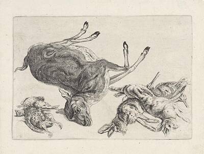 Animals Paintings - Shot wild a dead deer, hares and birds, Wenceslaus Hollar, 1646 by MotionAge Designs