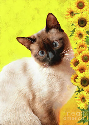 Sunflowers Mixed Media - Siamese Cat and Sunflowers  by Elaine Manley