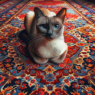 Roses Royalty-Free and Rights-Managed Images - Siamese Cat on a Persian Rug Fur Effect by Rose Santuci-Sofranko