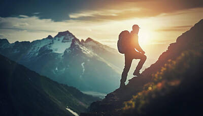 Sports Digital Art - Silhouette of a hiker climbing a mountain peak and reaching the  by PsychoShadow ART