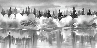 Mountain Paintings - Silver Glow Watercolor Gray Monochrome Calm Relaxing Landscape II by Irina Sztukowski