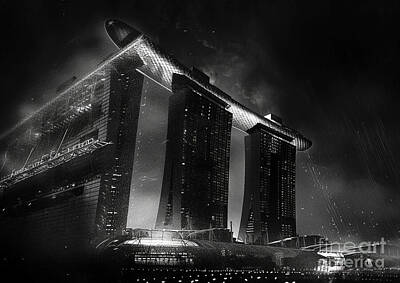 Landmarks Paintings - Singapores Marina Bay Sands Casino eerie and imposing in the darkness night light by Cortez Schinner