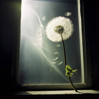 Still Life Royalty-Free and Rights-Managed Images - Single Dandelion Flower Seeds Adrift near Window by Yo Pedro