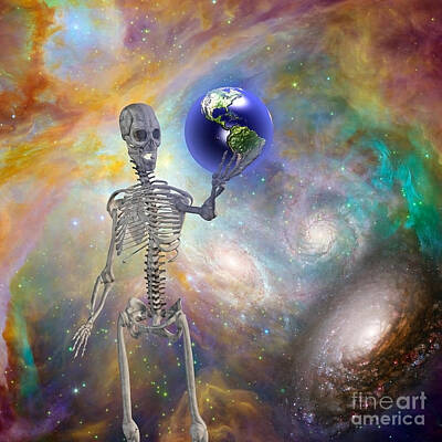 Beaches And Waves Rights Managed Images - Skeleton holds Earth Royalty-Free Image by Bruce Rolff