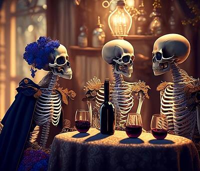 Wine Digital Art - Skeletons Night at the Bar by Bliss Of Art