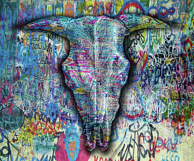 Paintings - Skull Horns Graffiti Head Animal by Tony Rubino
