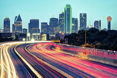 Skylines Royalty-Free and Rights-Managed Images - Skyline of Dallas Texas Over The Interstate by Gregory Ballos