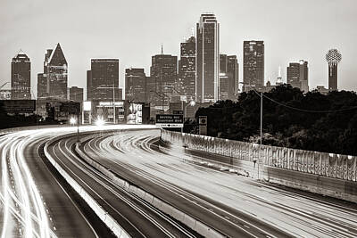 Skylines Photos - Skyline of Dallas Texas Over The Interstate in Sepia by Gregory Ballos