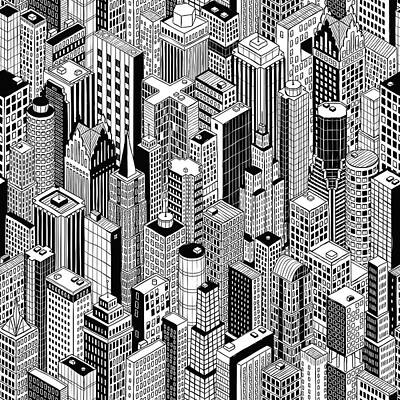 City Scenes Drawings - Skyscraper City Seamless Pattern, hand drawing of different high-rise buildings like Manhattan in isometric projection. Illustration by Julien