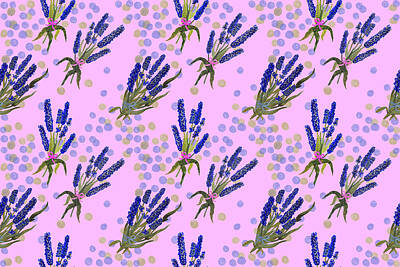 Royalty-Free and Rights-Managed Images - Small Bouquets Of Lavender On Pink Background With Polka Dots Watercolor Seamless Pattern by Julien