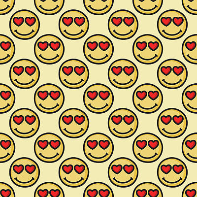 Comics Drawings - Smile Love Face And Red Heart Eye Emotion Yellow Color Doodle Line Style Seamless Pattern Background. Illustration by Julien