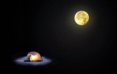 Abstract Landscape Royalty Free Images - Snow Camping Under A Full Moon Royalty-Free Image by Buddy Mays