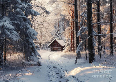 Kids Alphabet Royalty Free Images - Snow-covered forest with a small cabin Royalty-Free Image by Eldre Delvie