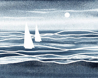 Modigliani - Soft Blue Sunset Sailboat At The Ocean Shore Seascape Painting Beach House Watercolor V by Irina Sztukowski