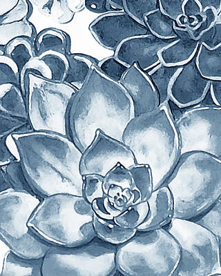 Clouds - Soft Indigo Blue Succulent Plants Garden Watercolor Interior Art VI by Irina Sztukowski