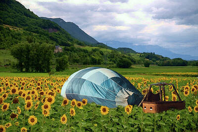 Sunflowers Mixed Media - Soft Landing-Hot Air Balloon Lands in Sunflower Field  by Shelli Fitzpatrick