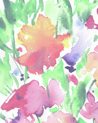 Abstract Flowers Paintings - Soft Pastel Gentle Flowers Watercolor Floral Splash Contemporary Art II by Irina Sztukowski
