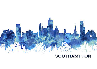 Landmarks Mixed Media - Southampton England Skyline Blue by NextWay Art