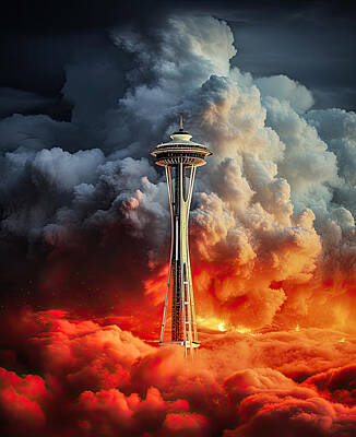 Monochrome Landscapes - Space Needle Hillside Fires by Wes and Dotty Weber