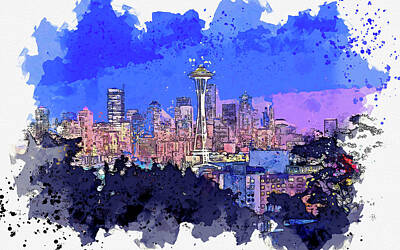 Royalty-Free and Rights-Managed Images - Space Needle Seattle Skyline Washington, watercolor, by Ahmet Asar by Celestial Images