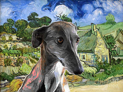 Popstar And Musician Paintings Royalty Free Images - Spanish Galgo Van Gogh Art Thatched Cottages at Cordevill Royalty-Free Image by Sandra Sij
