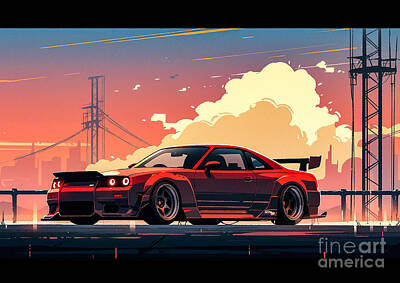 City Scenes Drawings - Sport car Nissan Skyline by Destiney Sullivan