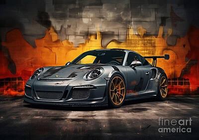 Sports Drawings - Sport car Porsche 911 GT3 RS A Gritty Grunge Makeover for the Track-Ready Porsche 911 GT3 RS by Cortez Schinner