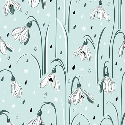 Floral Drawings Rights Managed Images - Spring background with delicate snowdrop flowers and raindrops Royalty-Free Image by Julien