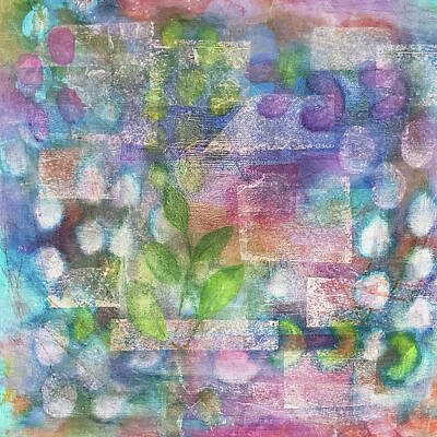 Abstract Flowers Mixed Media - SPRING GARDEN Abstract Collage in Aqua Pink Purple Green by Lynnie Lang