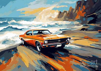 Abstract Landscape Drawings - SS 454s Abstract Horizon Chevrolet Chevelle SS 454 by the Waves by Lowell Harann