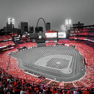 Baseball Royalty-Free and Rights-Managed Images - A Symphony Of Red At The Saint Louis Baseball Stadium - Selective Color Edition 1x1 by Gregory Ballos