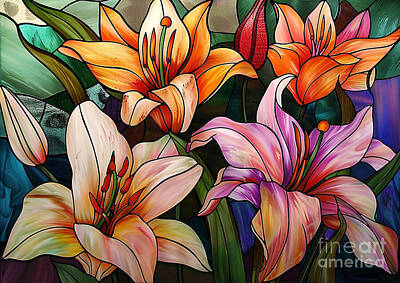 Lilies Paintings - Stained glass window designs with lily motifs by Donato Williamson