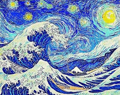 Impressionism Royalty-Free and Rights-Managed Images - Starry Night over The Great Wave off Kanagawa - impressionist painting  by Nicko Prints