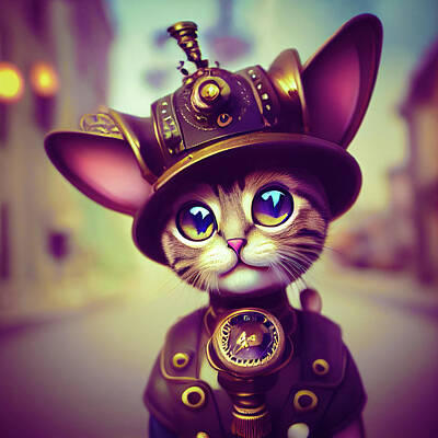 Steampunk Royalty-Free and Rights-Managed Images - Steampunk Animal 05 Cute Cat Portrait by Matthias Hauser
