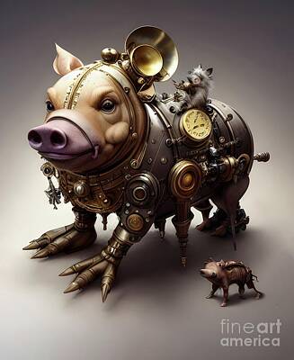 Steampunk Digital Art - Steampunk Baby Warthog - Bramble by Mary Machare