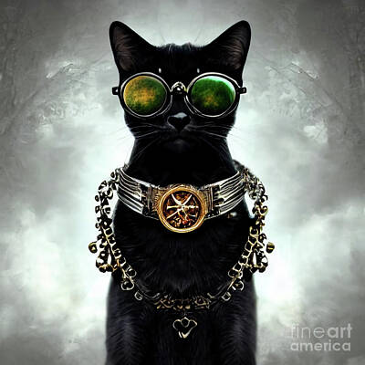 Steampunk Digital Art - Steampunk Cat with Fancy Eye Glasses by SON Art