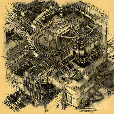 Steampunk Digital Art - Steampunk City Blueprint by Elle Arden Walby