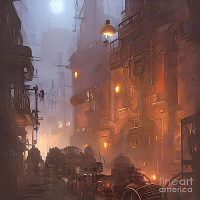 Steampunk Digital Art - Steampunk City Night by Elle Arden Walby
