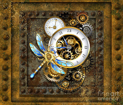Steampunk Rights Managed Images - Steampunk Dragonfly Clock Royalty-Free Image by Tina Mitchell