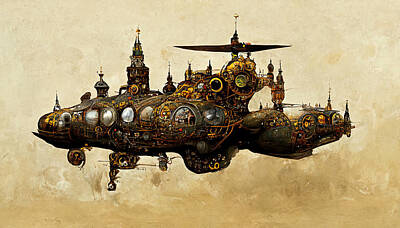 Steampunk Painting Royalty Free Images - Steampunk Flying Fortress, 05 Royalty-Free Image by AM FineArtPrints