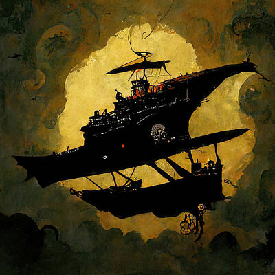Steampunk Painting Royalty Free Images - Steampunk flying ship, 09 Royalty-Free Image by AM FineArtPrints