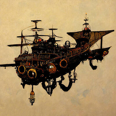 Science Fiction Paintings - Steampunk flying ship, 10 by AM FineArtPrints