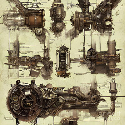 Steampunk Digital Art - Steampunk Machine Plans by Elle Arden Walby
