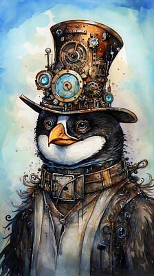 Steampunk Digital Art - Steampunk Penguin Blue Sky  by EML CircusValley
